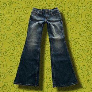 lucky brand dark blue flare jeans (faded wash + embroidered design)!